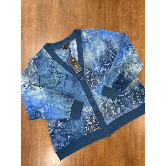 DG2 Diane Gilman Royal Blue Multi Clipped Jacquard Knit Cardigan Sweater NWT 1X - Picture 1 of 12